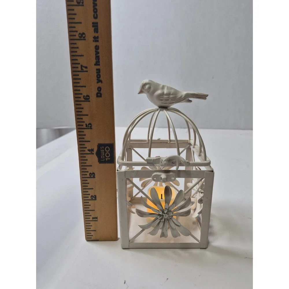 Vintage Shabby Chic White Metal Birdcage Lantern Floral Tea Light Holder 6.5in